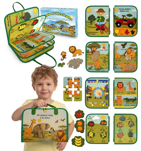 OYEMAT Busy Board Montessori Animali della Giungla Bilingue Spagnolo/Inglese - Giocattolo Sensoriale Bambino - Libro Montessori 3 Anni di Feltro- Tavola Montessori Educativo con Attività Motorie Fine