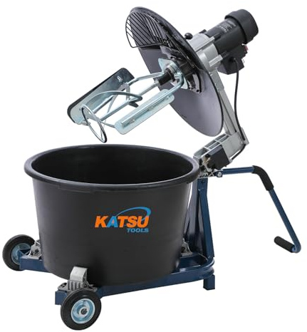 KATSU Tools Electric Paddle Mixer 1300W with 65L Plastic Drum, Portable Mobile Rotating Bucket Mixer, Dual-Action Mixing System, Safety Switch, for Mixing Plaster Paint Cement Mortar