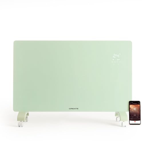 CREATE/WARM CRYSTAL 2500W / Convector eléctrico de cristal con wifi y ruedas blanco/App, potencia regulable, instalación en suelo o pared, pantalla LED táctil, bajo consumo
