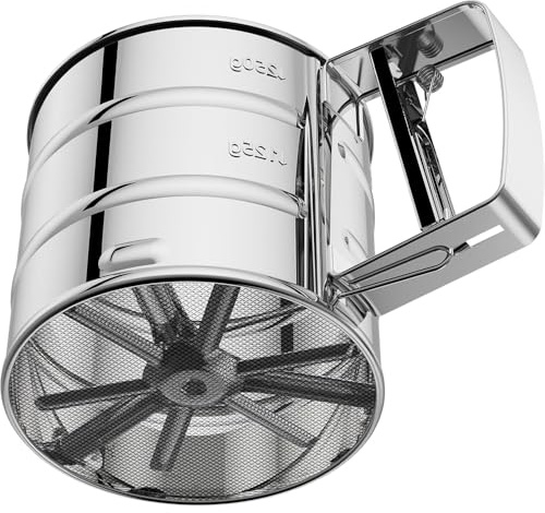 3 Cup Flour Sifter for Baking, Stainless Steel Hand Crank Sieve with Fine Mesh, Professional Powdered Sugar and Cocoa Duster, Essential Baker Tool for Quick Sifting