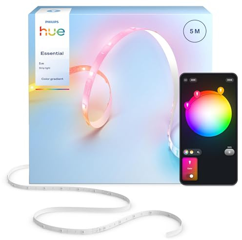 Philips Hue Essential Striscia LED smart, 5 m | Colori e atmosfere vivaci, RGBIC, Luce flessibile per interni, Smart Home, Controllo app e voce, Installazione facile