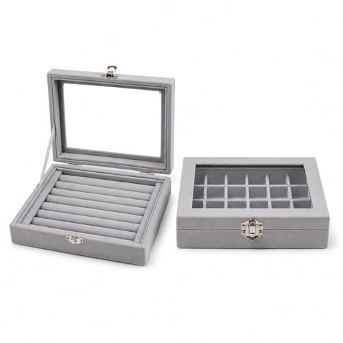 2 Pcs Scatola per Gioielli in Velluto Grigio 24 Scomparti Portagioie donna | 7-Slot Scatola Portagioie in Velluto con Coperchio Trasparente Vetrina per Gioielli, Anelli, Orecchini, Collane