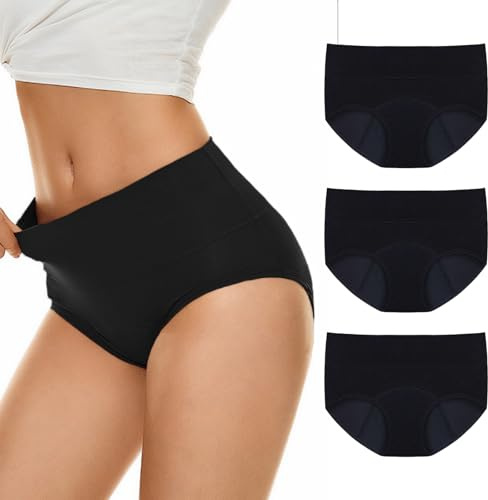 Hellomamma Mutande Mestruali Donna e Ragazza: Slip Ciclo Vita Alta in Cotone Assorbenti Anti-Perdite a 4 Strati per Flusso Abbondante Lavabili e Traspiranti per Post Parto incontinenza 3 Pack Nero L