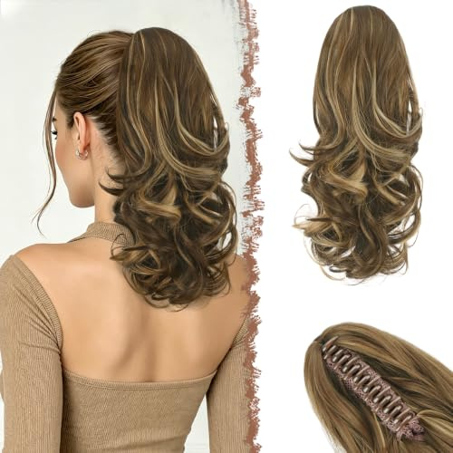 FESHFEN Zopf Pferdeschwanz mit Klammer, 35 cm Braun Mix Honigblond Wellig Lockig Haarextension Synthetik Gewellt Haarverlängerung Clip in Haarteil Ponytail Kunsthaar Haarzopf für Damen