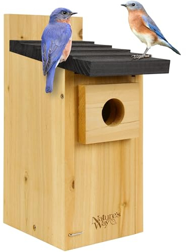 Nature’s Way Cedar Bluebird House for Outdoor Nesting, Predator Guarded Entrance with Clean-Out Door & Ventilation Openings, Brown