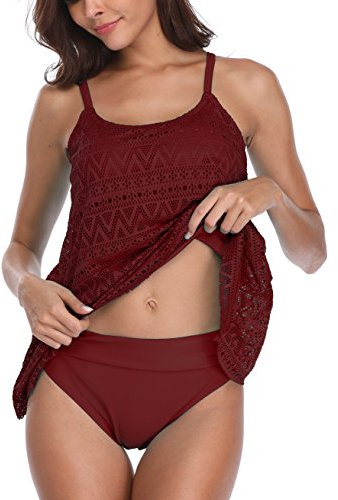 FLYILY Dam Retro Tikini Set 2 Delar Magkontroll Tankini Badkläder Baddräkt Plus Size Baddräkt(Red,L)