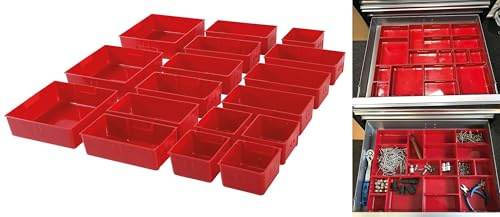 BGS 9550 | Kunststoff-Ablagefächer für Werkstattwagen | 17-tlg. | 5x 70 x 70 x 45 mm | 9x 145 x 70 x 45 mm | 3x 145 x 145 x 45 mm | Beschriftungskarten-Einlegeschacht