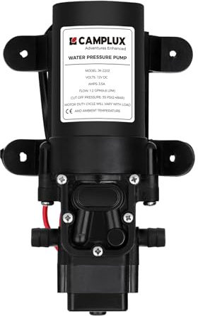 CAMPLUX Wasserpumpe 4,3L/min, 12V Selbstansaugende Druckwasserpumpe für Wohnwagen, Boot, Heißes Wasser System, 2,4 Bar/ 35 PSI