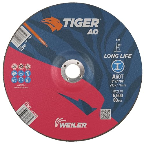 Weiler 57047 9 Inch Cutting Wheel, Tiger AO Steel/Metal Long Life Performance Cutting, 1/16 A60T Type 27 7/8 Arbor, Pack of 25