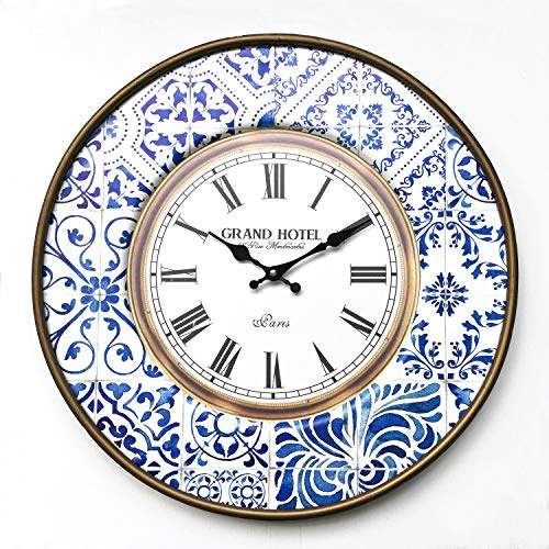 Rebecca Mobili Wanduhr, Runde Deko-Uhr, Metal, Weiß Braun Blau, Vintage-Stil - Durchmesser 50 cm x 4,5 cm - Art. RE6383