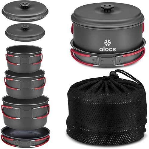 Alocs Camping-Kochgeschirr-Rucksack-Set für 4 kompakte, leichte und langlebige große Größe zum Aufhängen, Topf, Pfannen, Wasserkocher mit Basis, Koch-Set, Wandern, Picknick