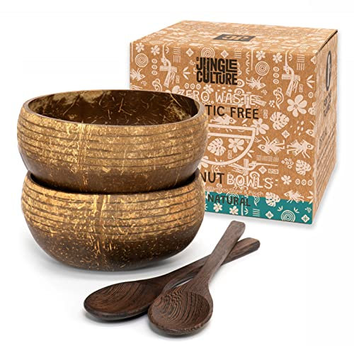 Jungle Culture® Set di 2 Ciotole in Noce di Cocco con Cucchiai, Cannuccia e Sacchetto • Ciotola de Legno per servire l'insalata, Frullati di Acai Pasta Cereali • 100% Prodotto Naturale • Coconut Bowls