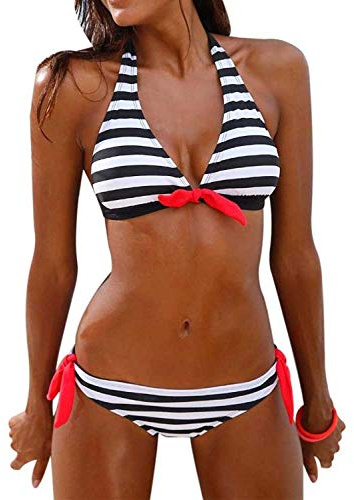 Voqeen Mujer Bikini Rayas Cabestro Traje de baño Acolchado Ropa de Playa de Dos Piezas (Negro, S)