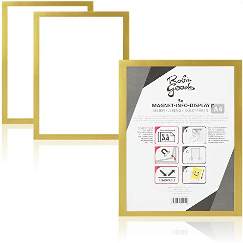 Robin Goods® 3x - Cadre d'information A4 - Porte-documents - autocollant avec fermeture magnétique (3 pièces - couleur or)