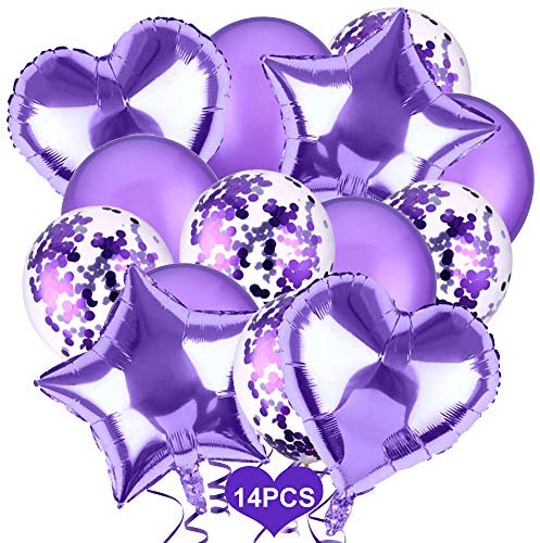 Set di Palloncini di Compleanno - 14 Pezzi Decorazioni per Feste Con Lattice, Coriandoli, Cuore e Lamina in Viola