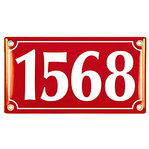 Personalized House Number Plaque - 12x22 cm (5 x 7) - Waterproof Door Numbers - Enamel Garden Wall Sign (Red)
