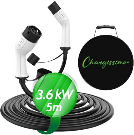 CHARGISSIMO Elektro- und Hybrid-Ladekabel, wiederaufladbar, 5 m, Typ 2, für Ladestation 3,5 kW | 7,2 kW | 22 kW | kompatibel mit Modell 3/S/X/Y, ZOE, e-208, 500e, ID.3, ID.4, i3, MG4