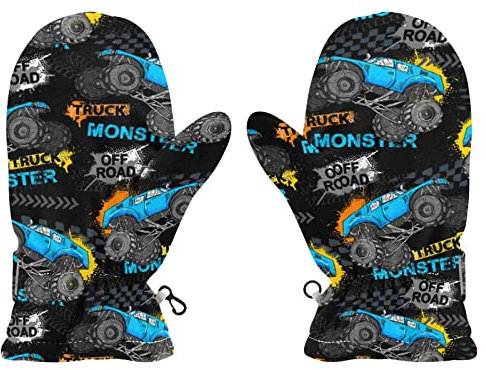 Poeticcity Blue Truck Car, Trace of Tire, Drive and Speed on Black Boys Girls Elastic Ski Snow Winter Gloves, Cold Weather Warm Mittens Adjustable Full Finger Fleece Insulated Gloves M(7.8 in)
