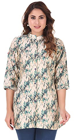 Ladyline Kurti Kurta - Camisa corta tipo túnica con botones en el cuello para mujer (1 unidad), Beige-azul, 58