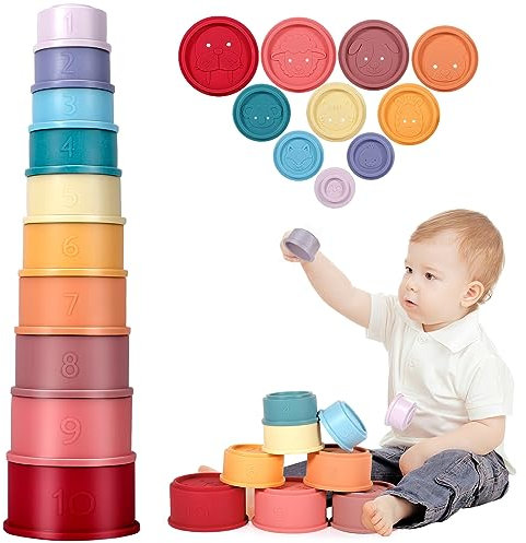 MOYKSRR Montessori Spielzeug, 10 Stück Stapelbecher, Kinder Stapelturm, Sandspielzeug Becher, Motorikspielzeug， Lernspielzeug Geschenk, Stapelbecher Spielzeug für 6 + Monate Jungen & Mädchen