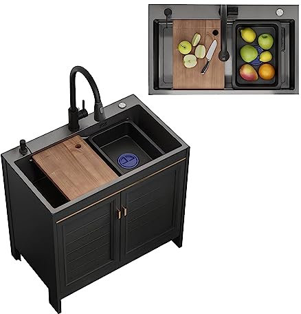 Lavello Cucina con Mobile,Lavandino Cucina in Acciaio Inox,Cucina Componibile,Lavello da Esterno Giardino 1 vasca,Multifunzione,con Rubinetto Estraibile,Distributore di Sapone,Componenti di Drenaggio