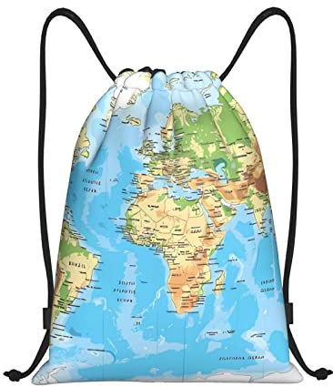 Rucksack mit Weltkarten-Aufdruck, Kordelzug, wasserdicht, Sport, Turnbeutel, Yoga-Tasche für Männer und Frauen, Schwarz , S