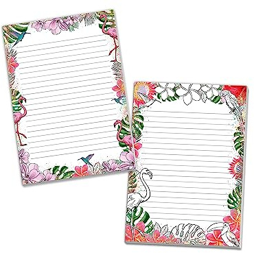2 Motiv Schreibblöcke Briefpapier liniert für Mädchen Kinder Schule Tropen Flamingo (1 Block bunt und 1 Block zum Ausmalen A4 mit je 25 Blättern)