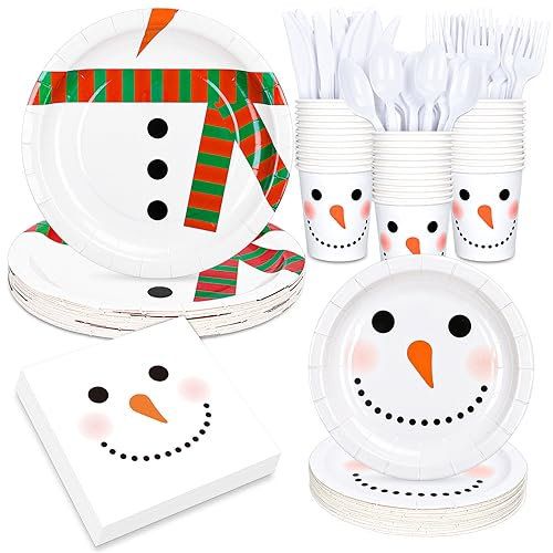 Whaline 175Pcs Christmas Party Tableware Set Winter Snowman Dinnerware Kit 7 and 9 Inch Paper Plates 6.5 Inch Disposable Napkins Cups Forks Spoons Knives for Xmas Holiday Dinner Supplies