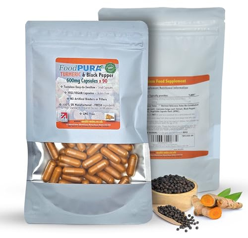 FoodPURA 90 x Turmeric with Black Pepper Capsules 600mg HACCP Certified, Manufactured in The UK by FoodPURA (Pack of 90 Capsules)