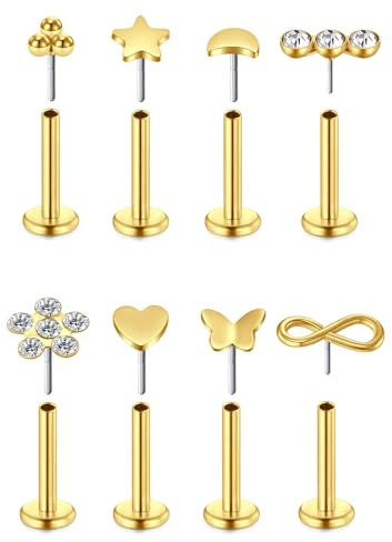 WillTen 8PCS Tragus Gold Silber, 16G 6mm 8mm Chirurgenstahl Mit Cubic Zirkonia, Ohr Lippenpiercing Knorpel Helix Schmuck für Frauen Mädchen