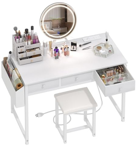 Lufeiya White Makeup Vanity Desk with Mirror and Lights, 40 inch Make Up Vanity Desks with Drawers & Power Outlet, Dressing Table and Chair Set for Girls Bedroom, White