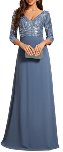 Ever-Pretty Abito da Damigella Paillettes Scollo a V Linea A Chiffon Stile Impero Vestito Lungo Donna Elegante Denim Blu 42