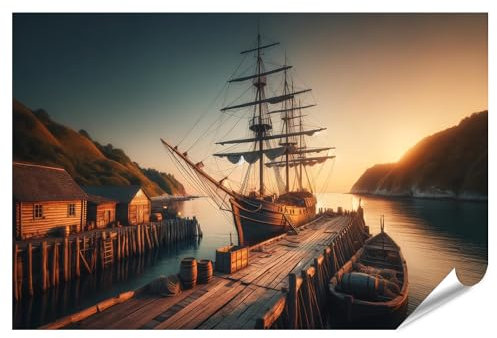 islandburner XXL Bild Poster Segelschiff am Steg bei Sonnenuntergang Premium Bilder Fotodruck