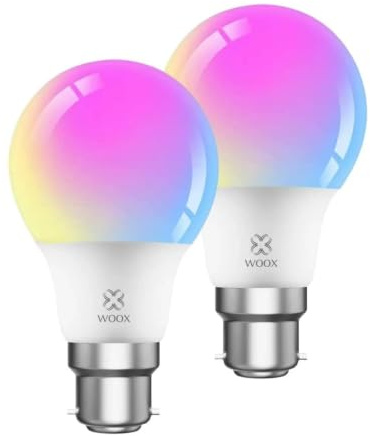 WOOX B22 smarta WiFi LED-ljuskällor med färgväxling, flerfärgade, fungerar med Amazon Alexa, Tuya och Google Home, appstyrda, scener, timer, ingen hubb krävs – B22 2-pack