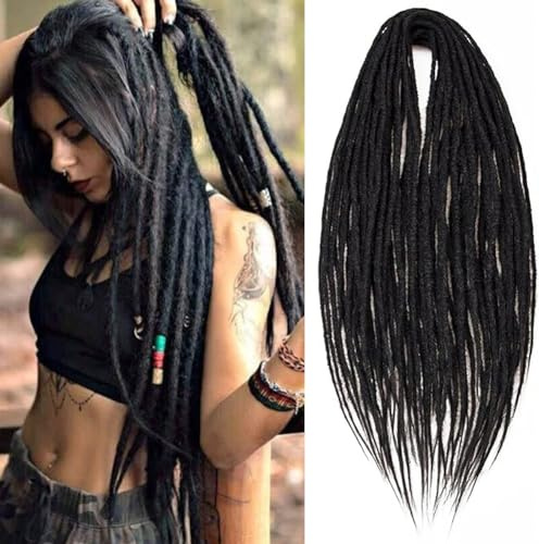 PORSMEER 24 Inch Dreadlocks Extensions 10 Strands Handmade Dreadlock Crochet Hair Braids Synthetic 0.6cm Hippie Straight Double Ended Dreads Goddess Locs Crochet Hair for Women (IB#, Double-ended)