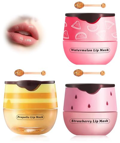 XdealCozyxc Honey Strawberry Watermelon lip balm Set, Bee Balm Lip Mask Moisturizing Care, Lighten Dark Lip Color Reduce Lip Lines