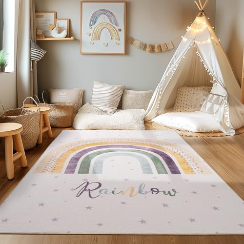 HomebyHome Kinderteppich Mehrfarbig 120x170 cm Regenbogen Design Modern rutschfest Waschbar Pflegeleicht Extra Weich Antiallergen Babyteppich Kinderzimmer Jungen Mädchen