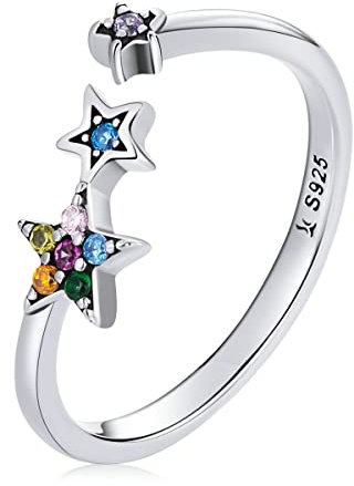 Halskette Damen,925 Sterling Silber Regenbogen Kristall Stern Ring Damen Sterling Silber Verstellbarer Ring Schmuck Hochzeitsgeschenk