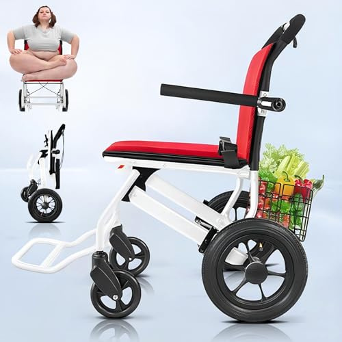 Bueuwe Rollstuhl Faltbar Leicht Transportrollstühl (10kg), rollator schmal für wohnung, Reiserollstuhl, Sitzfläche 45 cm, RollstüHle mit Selbstantrieb für Senioren, Tragbarer Rollstuhl,Weiß