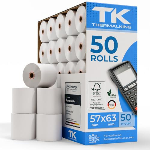 THERMALKING Thermorollen 57mm x 63mm x 12mm - Bonrollen 57x63x12 Thermo - Kassenrollen Thermopapier - Für Registrierkasse mit Bondrucker - Geeignet für Drucksysteme mit Papierbedarf bis 50m (50 Stk)
