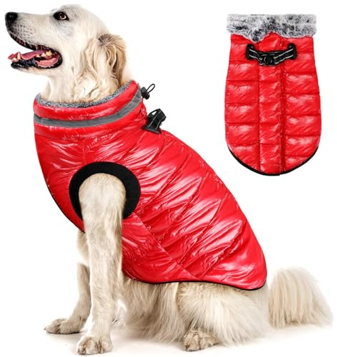 Eyein Wasserdichter Hundemantel mit Geschirr, Fleece Rollkragen Warme Hundewinterjacke mit doppeltem Reißverschluss, reflektierende Hundeschneejacke für kleine mittlere große Hunde, Rot, XXL