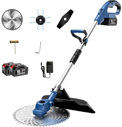 Cortabordes Inalámbrico, Cortadora de Hierba de 21 V, Mango Telescópico (105-140 cm), Pivotes de Cabezal de 90° Cortacésped Inalámbrico con 3 Tipos de Cuchillas, 2 Baterías y Cargador Rápido