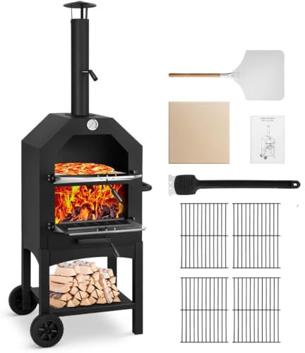 Four à Pizza d'extérieur, Four à Pizza au feu de Bois pour l'extérieur, Machine à Pizza de Patio avec Pierre à Pizza, Pelle à Pizza, Grille de Gril et Housse imperméable pour Le Camping dans l'arriè