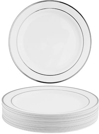 MATANA 50 Premium White Plastic Dinner Plates with Silver Rim, 26cm / 10 Inch - Elegant & Reusable Party Plates for Weddings, Birthdays, Picnic, BBQ, Parties