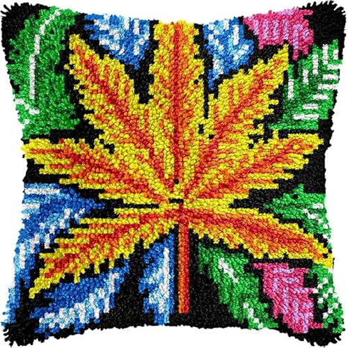 Taxpy Knüpfset Knüpfkissen Zum Selber Knüpfen Knüpfteppich Für Kinder Und Erwachsene Knüpfteppiche Sofakissenbezug Handgechte Kreuzstich Kreativ Set 43x43cm(Ahornblatt)