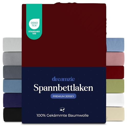 Dreamzie - Spannbettlaken - 140x200cm - 100% Gekämmte Baumwolle - Jersey | Bordeaux · Leintuch mit Rundumgummi · Spannbetttuch bis 22cm Steghöhe · Oeko-Tex zertifiziert · Premium · Doppelbett
