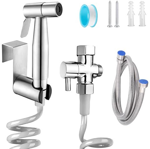 Bidet - Doccetta in acciaio inox, doccetta da bagno, bidet, set spray con erogatore per rubinetto, tubo a molla da 2 m, montaggio a parete per WC, bagno, pulizia del lavandino