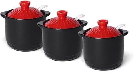 Azucarero con tapa, azucarero de cerámica, azucarero con forma de cazuela retro, salero con tapa de color y cuchara de cerámica, tarros de especias de porcelana, juego de 3, color rojo(Red,3 Set)