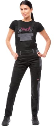 strongAnt Latzhose Damen Strong Cotton Stretch mit Kniepolstertaschen Latzhose für Handwerk und Bau – Schwarz-Grau, Gr. 46
