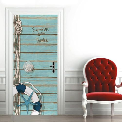 Adesivi per Porte Interne Legno Blu Adesivo Porta 90x200 Tema Mare 3D Pellicola Adesiva Carta da Parati Soggiorno Bagno Autoadesivo Porta Murale Decorazione M3498